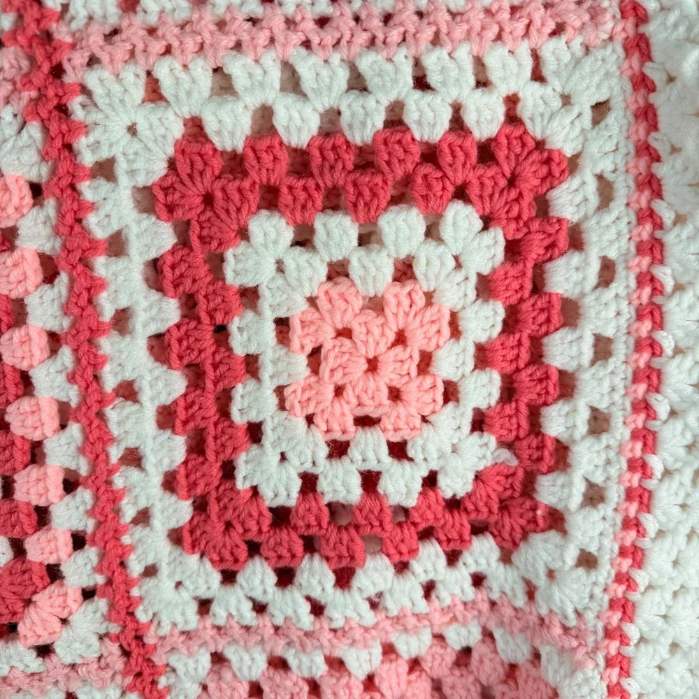 Large Handmade Crocheted Blanket Red Pink White Granny Square 84x130 Cottagecore